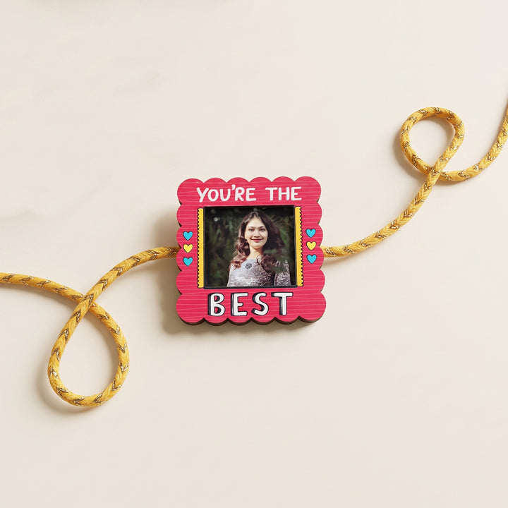 Photo Personalized Magnetic Printed Wooden 'You're The Best' Rakhi With Kumkum Rice