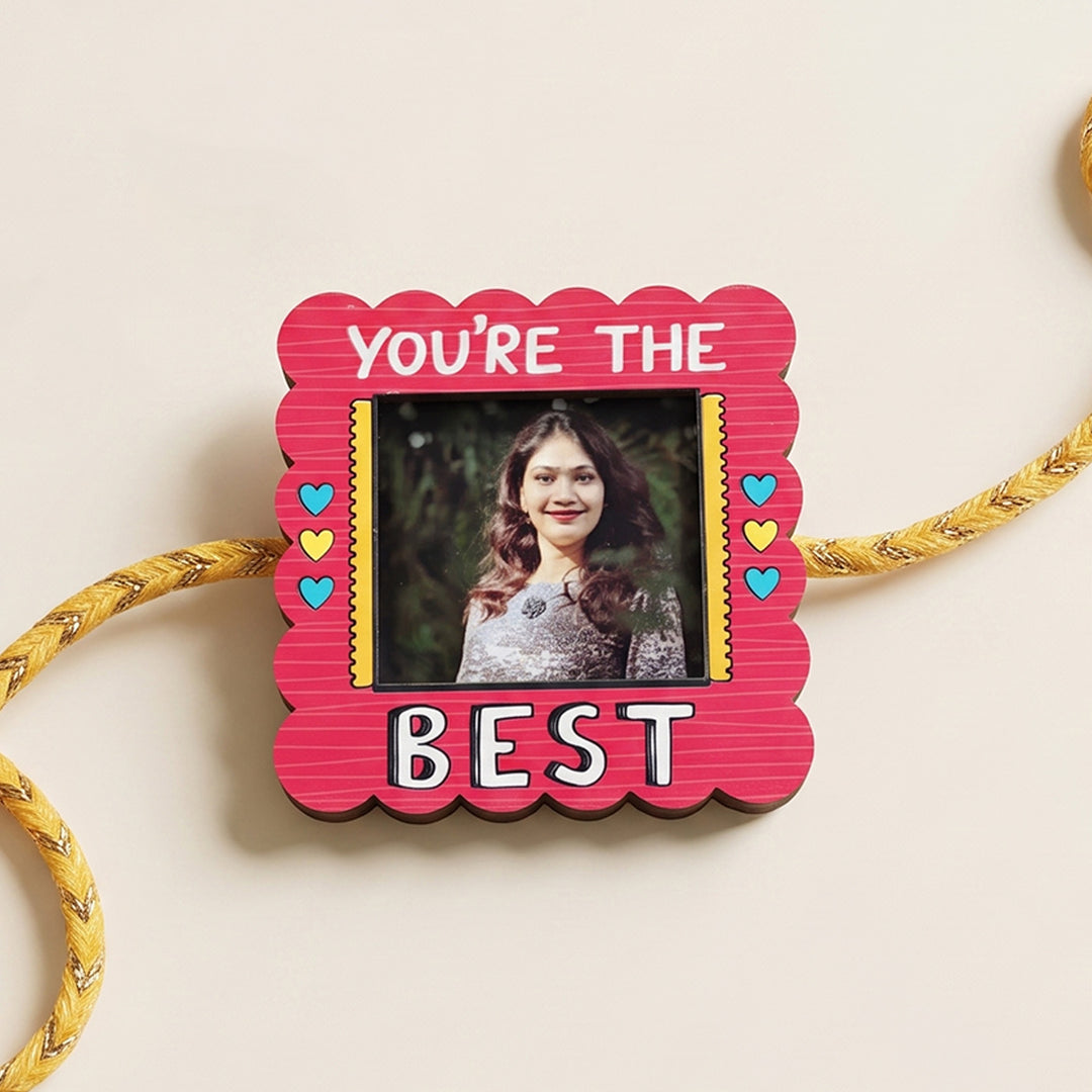 Photo Personalized Magnetic Printed Wooden 'You're The Best' Rakhi With Kumkum Rice