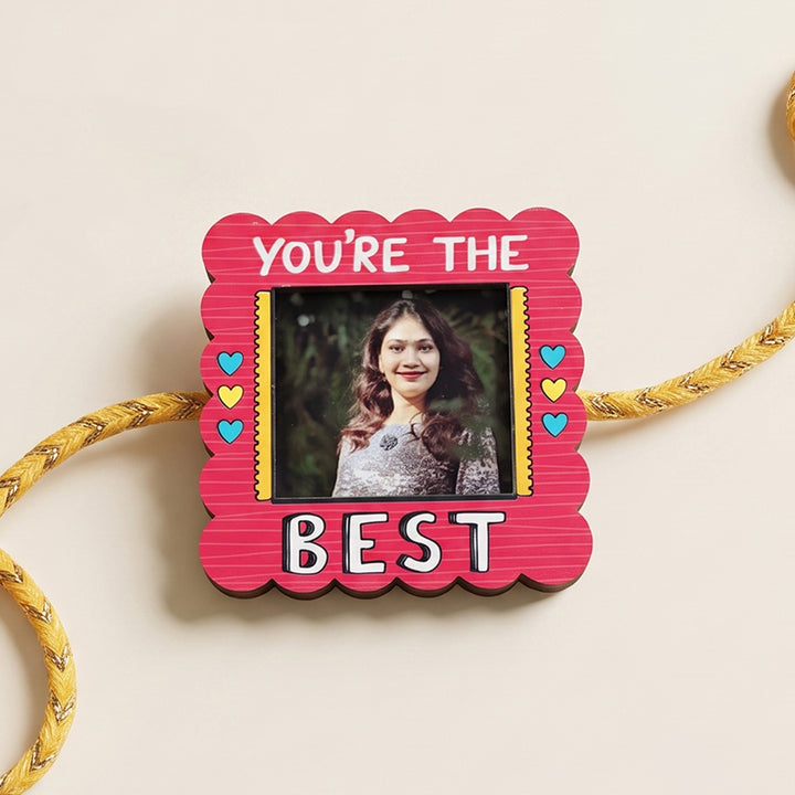 Photo Personalized Magnetic Printed Wooden 'You're The Best' Rakhi With Kumkum Rice