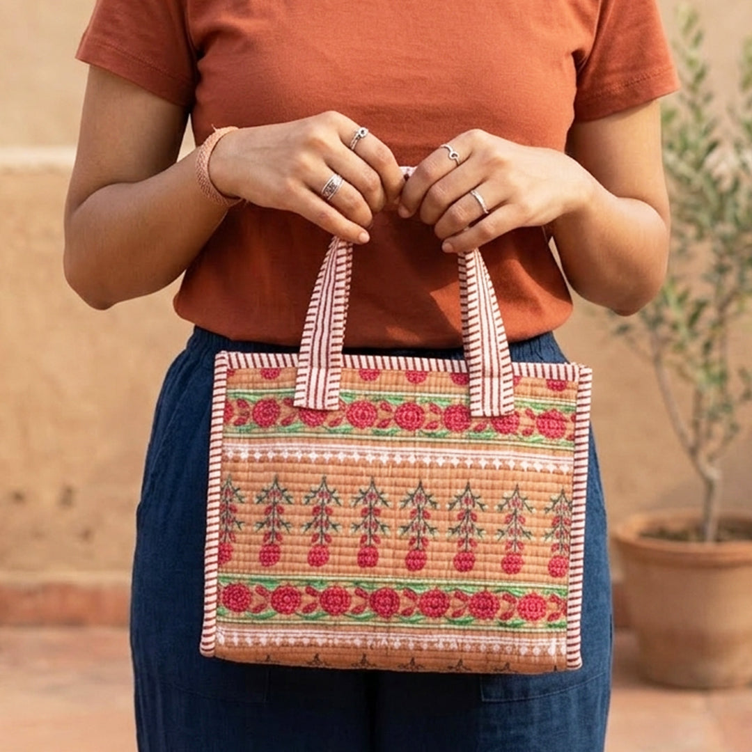 Handmade Pink Indie Floral Cotton Tote Bag