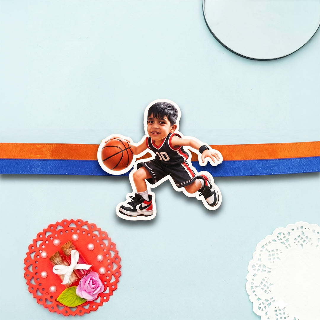 Reusable Personalized Basketball Player Photo Caricature Magnetic Rakhi With Roli Chawal For Brother