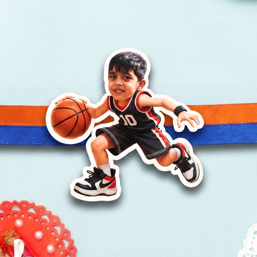 Reusable Personalized Basketball Player Photo Caricature Magnetic Rakhi With Roli Chawal For Brother