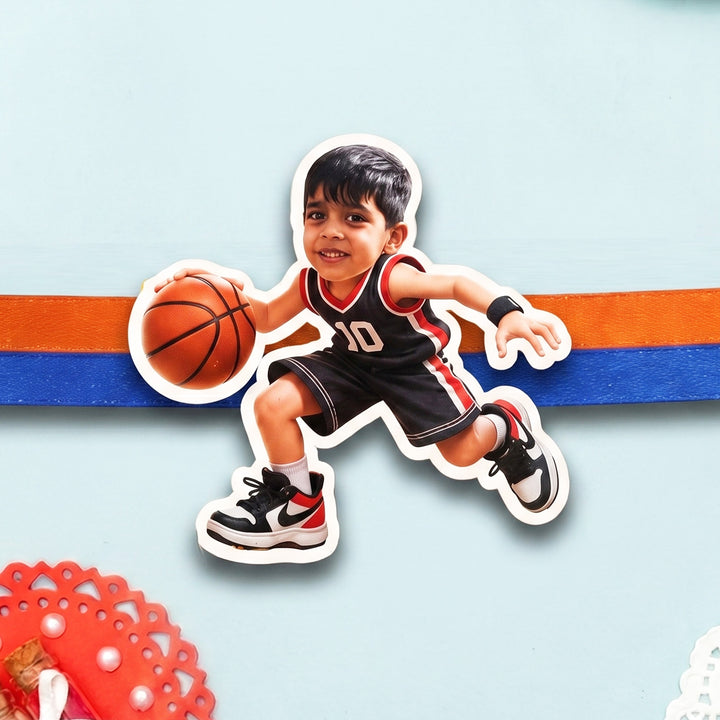 Reusable Personalized Basketball Player Photo Caricature Magnetic Rakhi With Roli Chawal For Brother