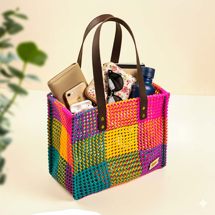 Checkered Multicolor Mukhya Knot Handmade Koodai Tote Bag