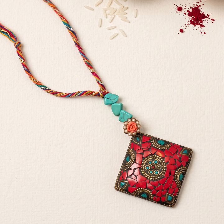 Red-Turquoise Mosaic Lumba Rakhi With Roli Chawal For Sister/Bhabhi