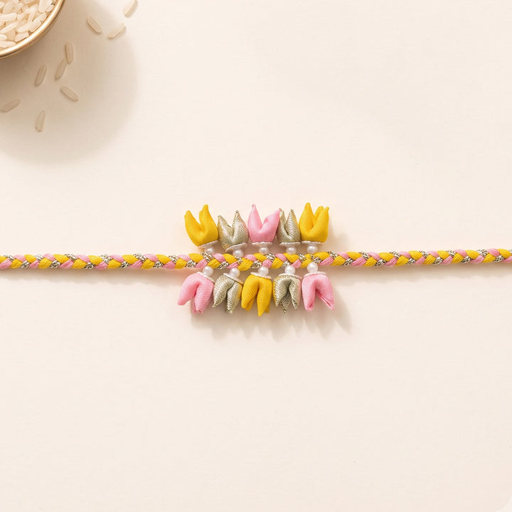 Handmade Dual-Tier Tulip Bud & Pearl Silk Fabric Rakhi For Brother With Roli Chawal