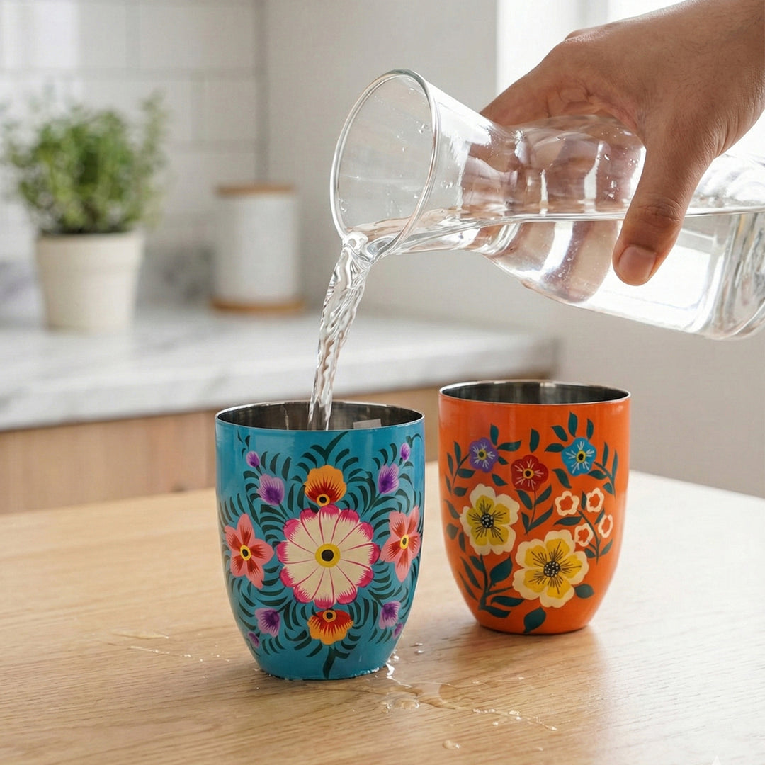 2Pc | Hand-Painted Orange & Blue Floral Kashmiri Art Stainless Steel Large Round Glasses