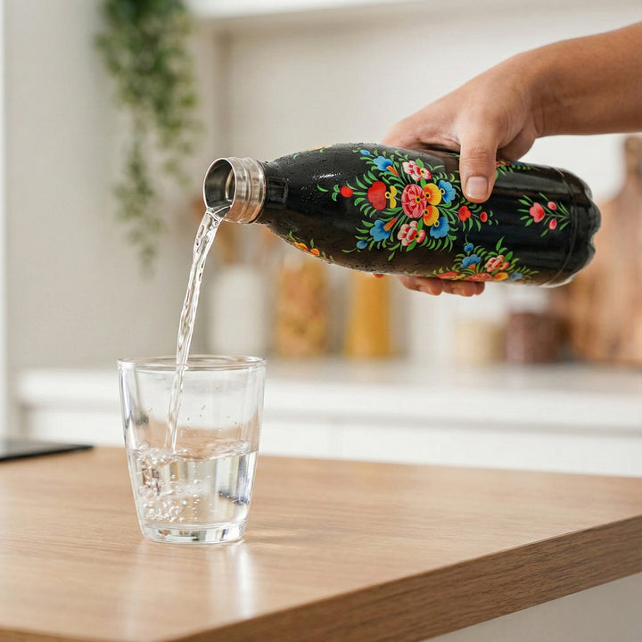 Hand-Painted Black Floral Kashmiri Art Stainless Steel Large Water Bottle