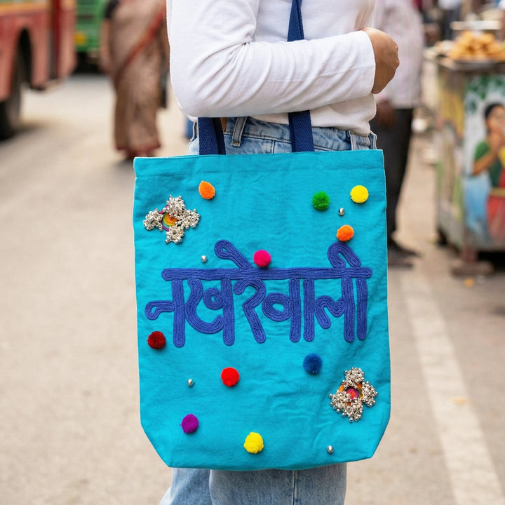 Hand-Embroidered Dori Work Turquoise Nakhrewali Tote Bag