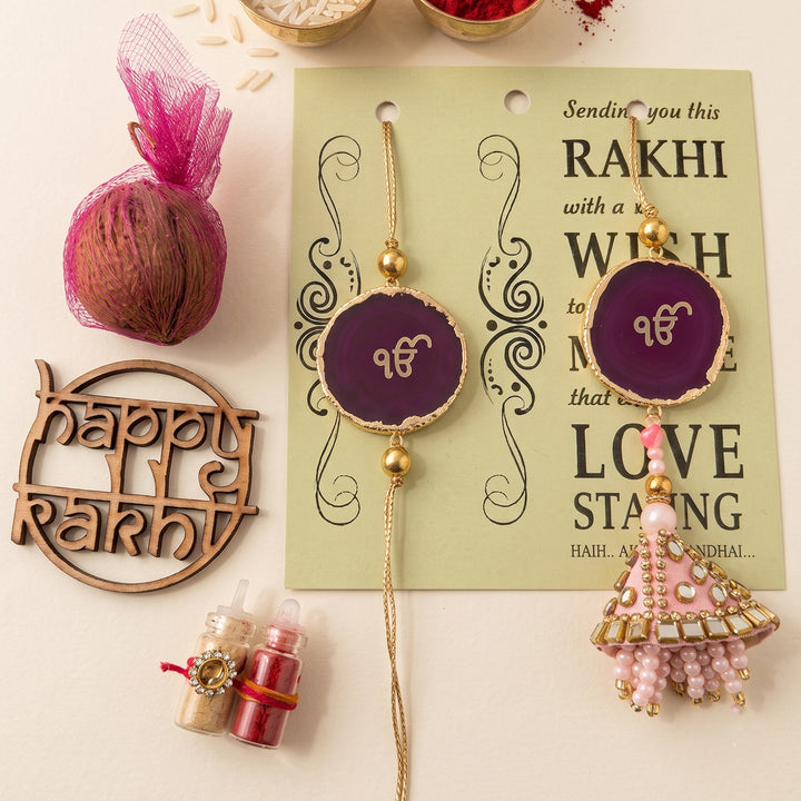Handmade "Ik Onkar" Pink Premium Agate Bhaiya Bhabhi Couple Rakhi And Lumba Set With Roli Chawal, Nariyal And Gift Box | Set of 2