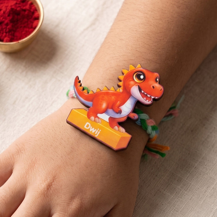Personalized Reusable T-Rex Dino MDF Wood Rakhi With Roli Chawal
