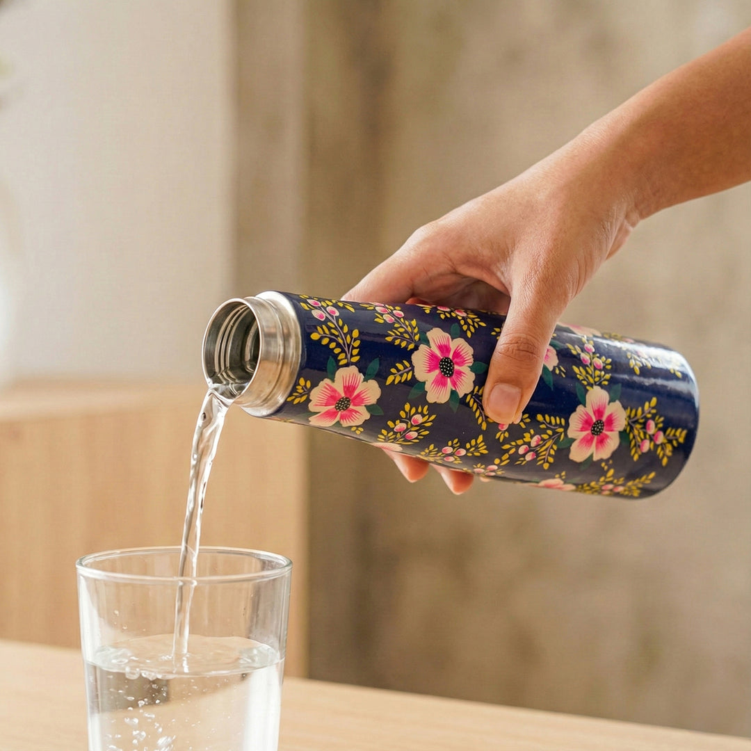 Hand-Painted Blue Floral Kashmiri Art Stainless Steel Small Water Bottle
