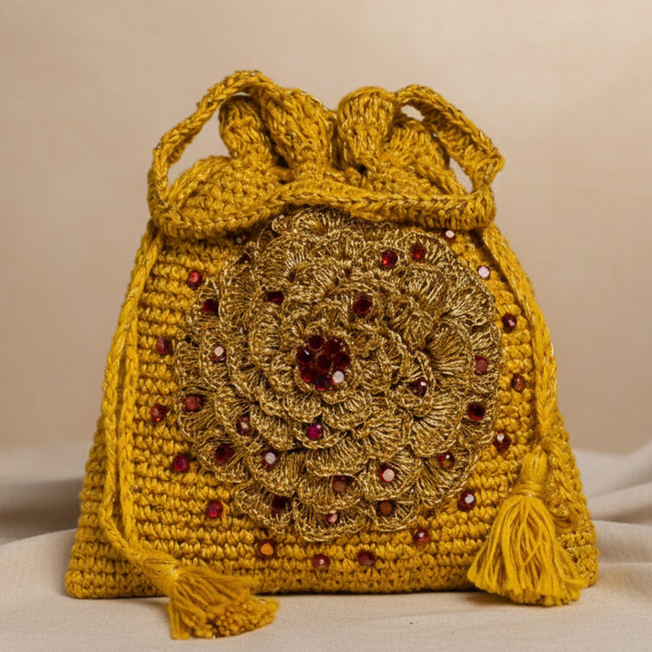 Handmade Crochet Amber Bloom Embellished Potli