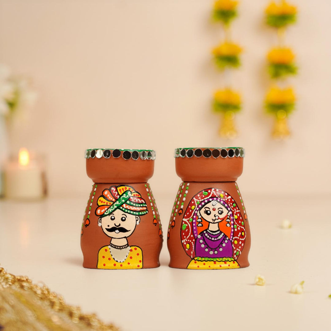 Rajasthani Couple Handpainted Terracotta Tealight Holder