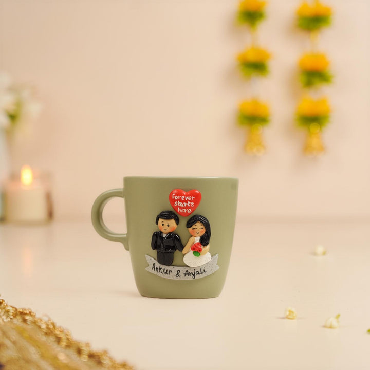 Christian Wedding Couple | Handmade Personalized Ceramic Mug With 3D Polymer Clay Caricature Art | 400 ml