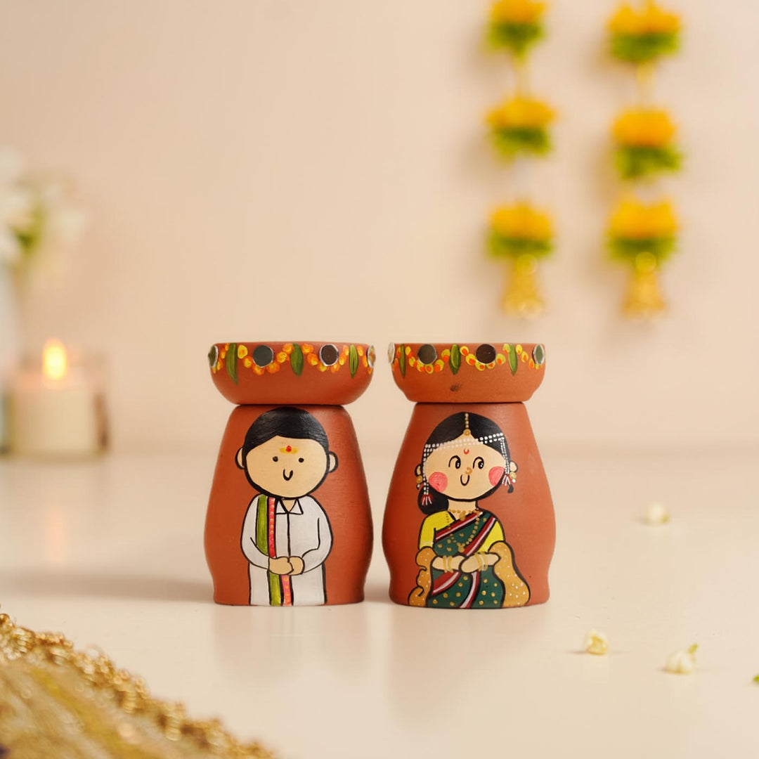 2 Pc | South Indian Couple Handpainted Terracotta Tealight Holders