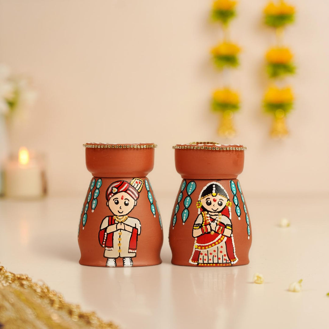 Gujrati Couple Handpainted Terracotta Tealight Holder