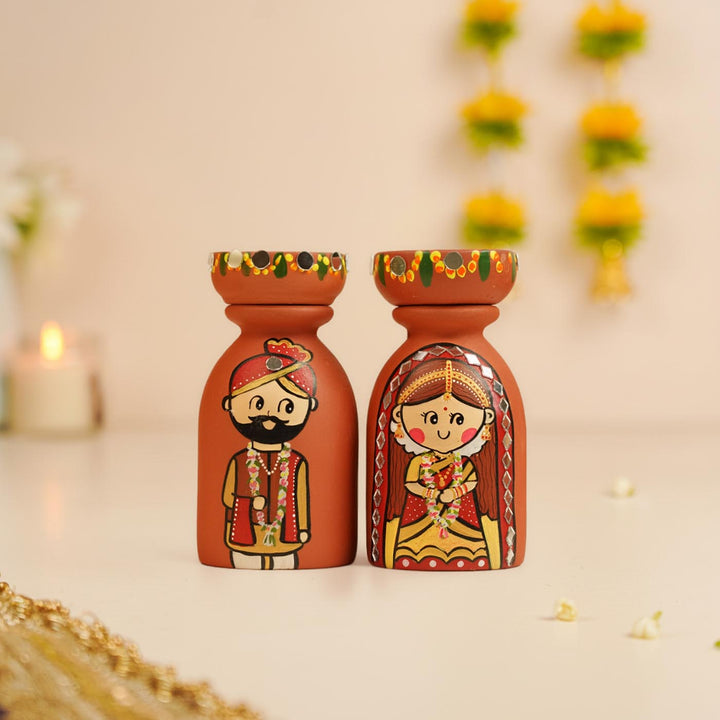 2 Pc | Mirror Work Wedding Couple Handpainted Terracotta Tealight Holders