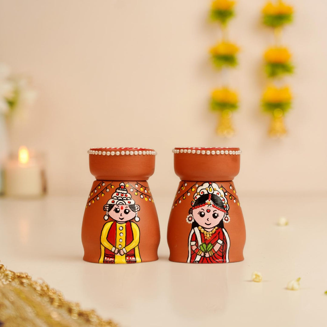 Bengali Couple Handpainted Terracotta Tealight Holder