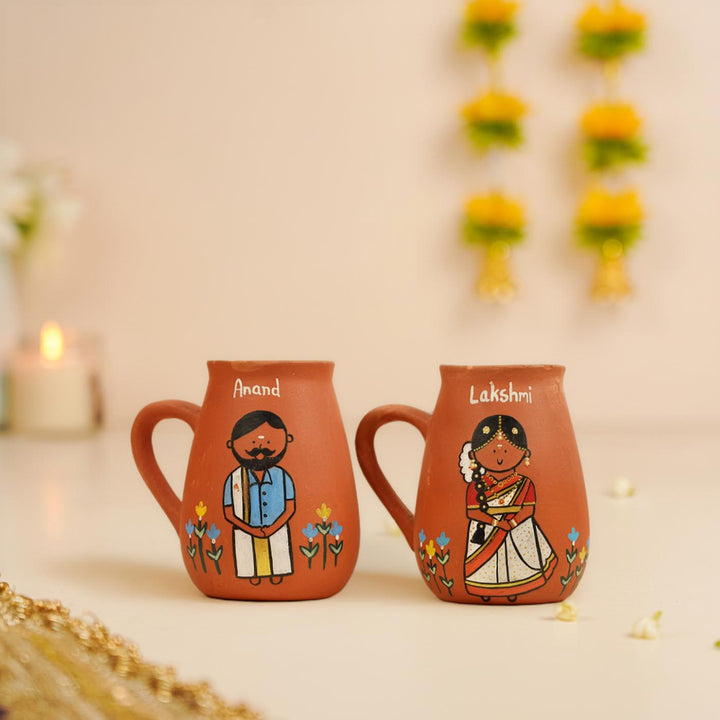 2 Pc | South Indian Couple Personalized Handpainted Terracotta Mug | 450 ml