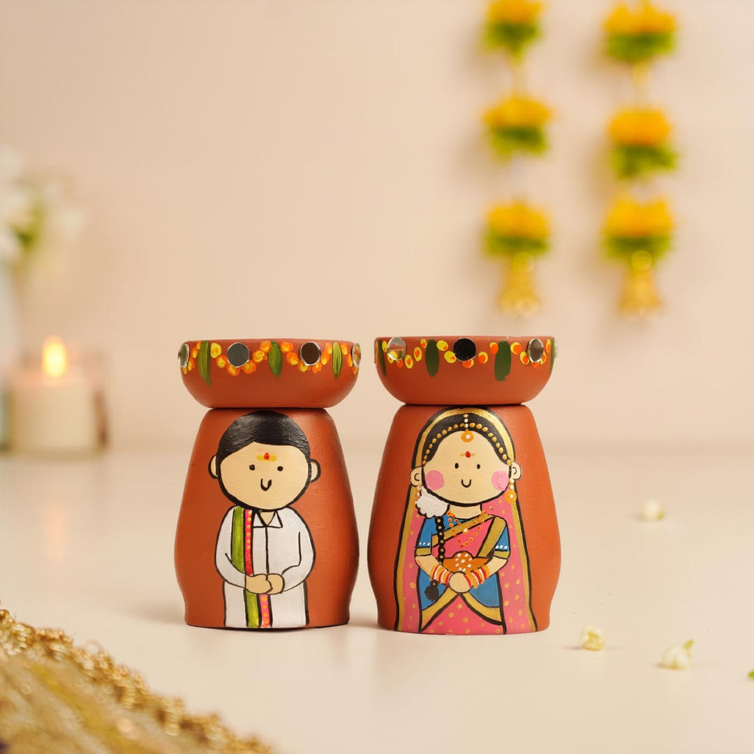 2 Pc | South Indian Couple Handpainted Terracotta Tealight Holders