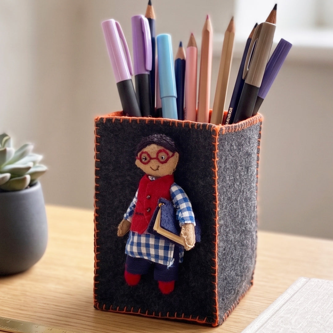 Handmade Dark Grey & Orange Pen Stand with Detachable Azad Doll