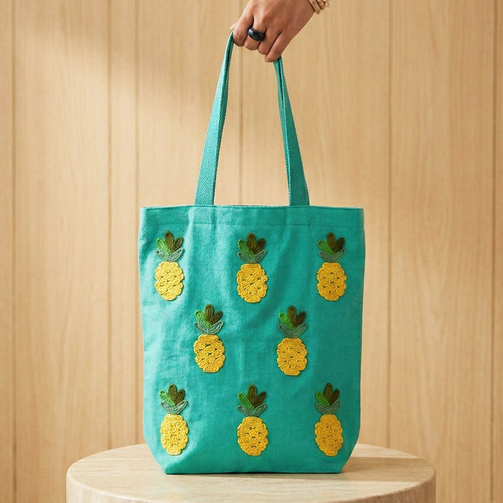 Hand-Embroidered Dori Work Teal Pineapple Tote Bag