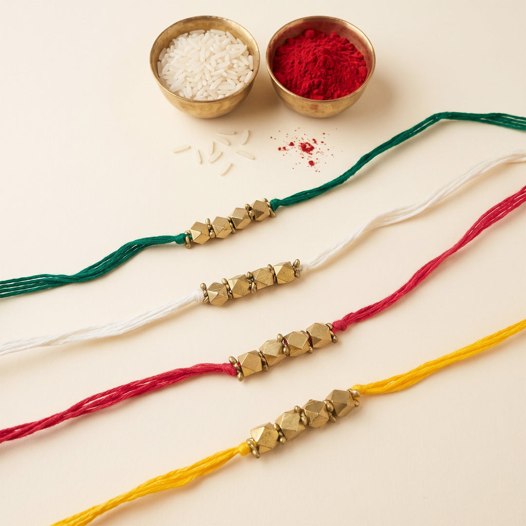 Beaded 4 Brass Beads Rakhi With Roli Chawal For Sister | Set of 4