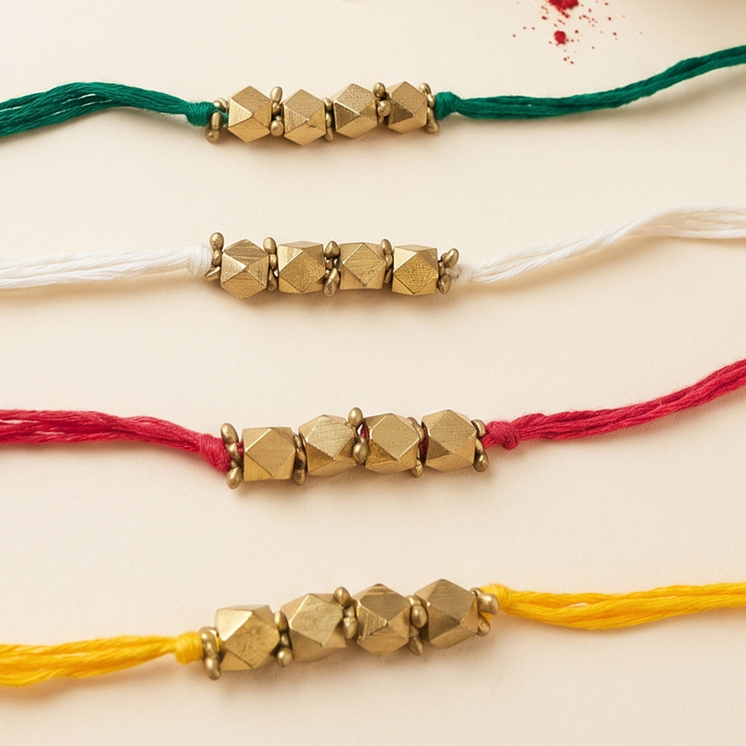 Beaded 4 Brass Beads Rakhi With Roli Chawal For Sister | Set of 4