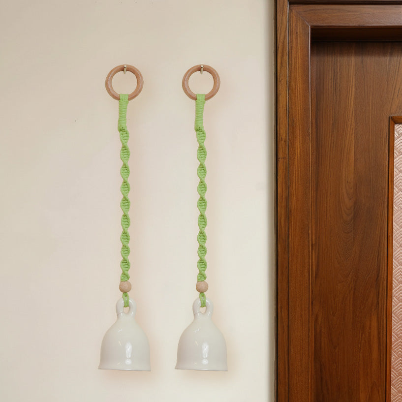 Set Of 2 | Macrame Colourful Bells Design Ceramic Hanging