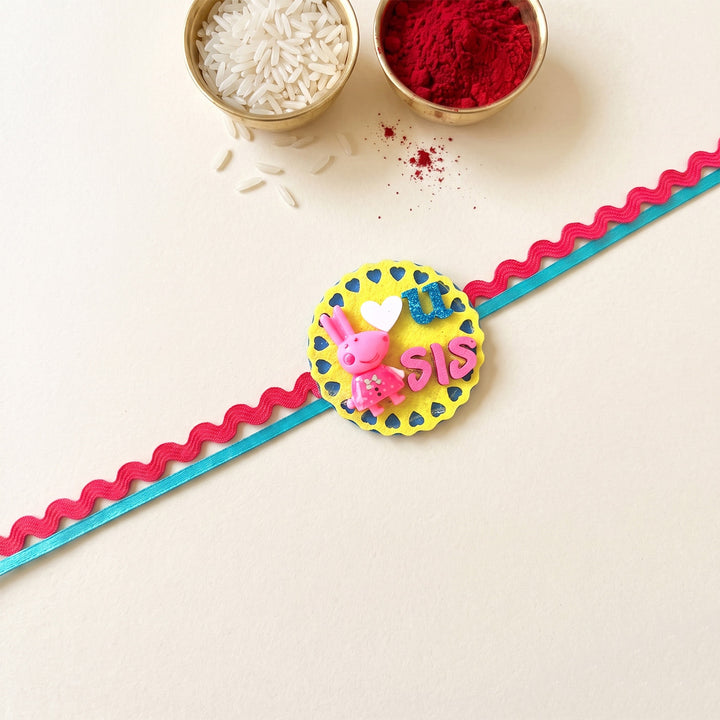 Handmade "Love U Sis" Peppa Pig Theme Felt Kids Rakhi With Roli Chawal For Sister