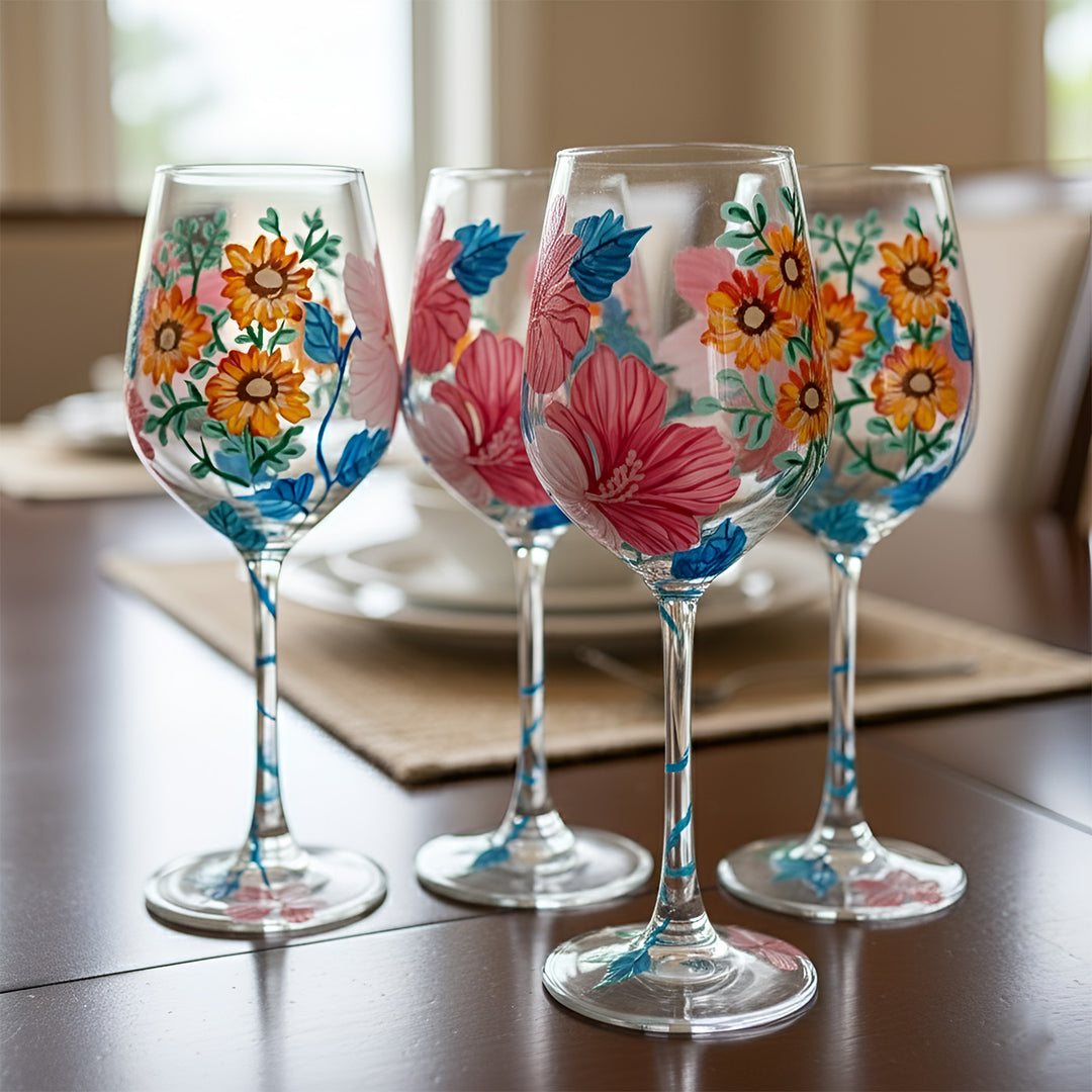 Hand-Painted Pink Hibiscuses Wine Glass