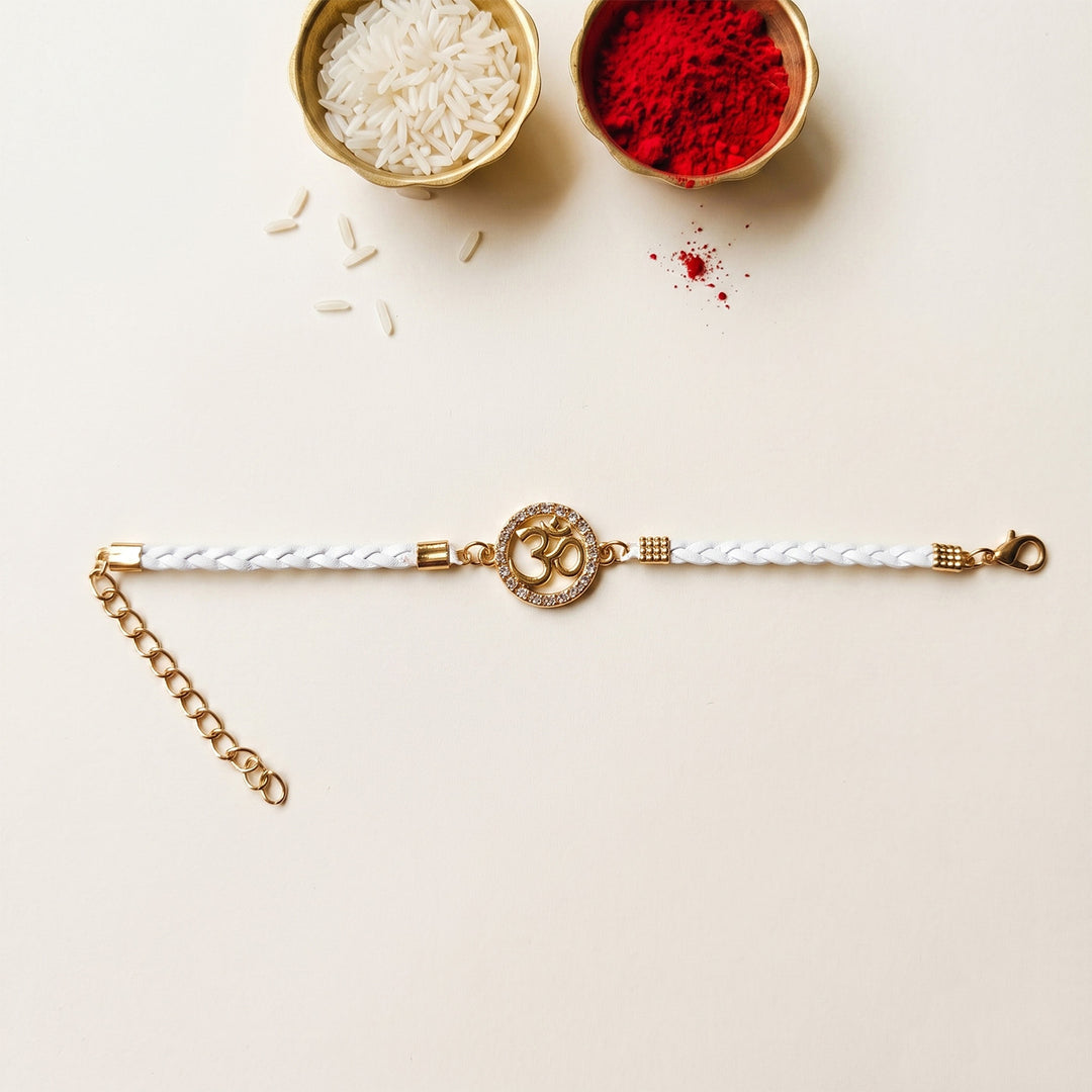 Reusable Handmade Om Charm - White Leather & Acrylic Band Rakhi With Roli Chawal For Brother