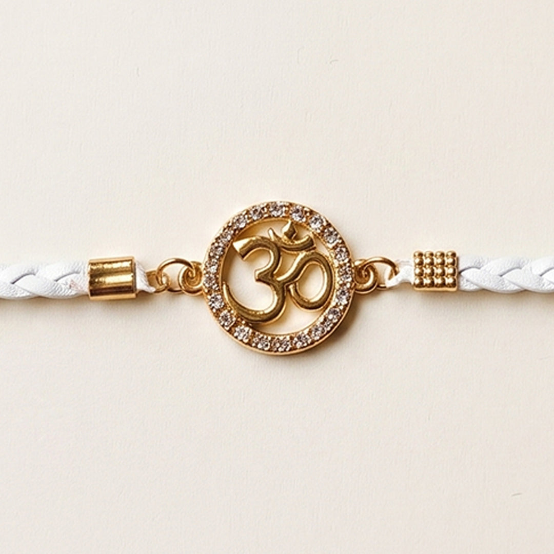 Reusable Handmade Om Charm - White Leather & Acrylic Band Rakhi With Roli Chawal For Brother