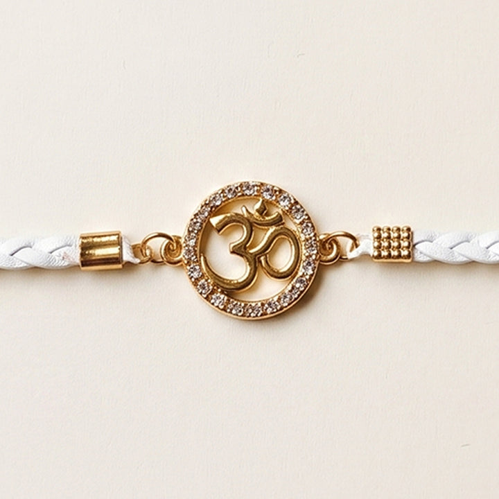 Reusable Handmade Om Charm - White Leather & Acrylic Band Rakhi With Roli Chawal For Brother
