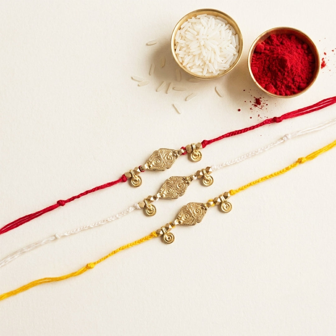 Beaded Brass Charms Rakhi With Roli Chawal For Brother | Set of 3