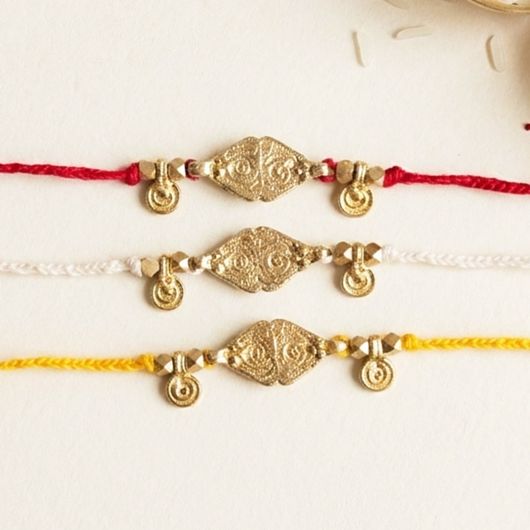 Beaded Brass Charms Rakhi With Roli Chawal For Brother | Set of 3