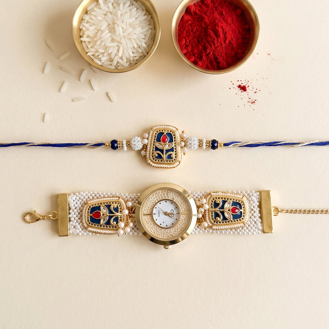 Kundan Moti Watch Bhaiya Bhabhi Rakhi Set With Roli Chawal | Set of 2
