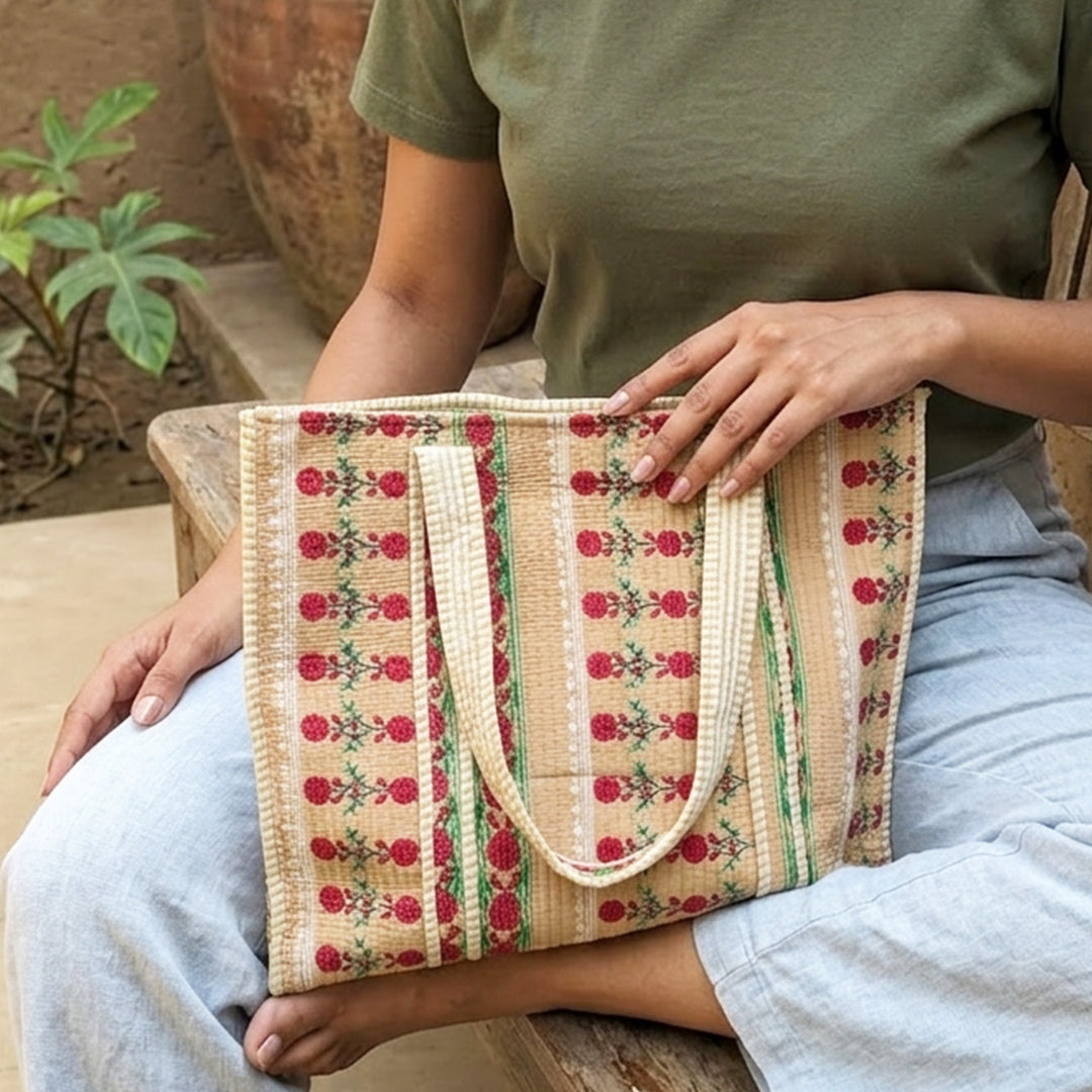 Handmade Beige Indie Floral Cotton Tote Bag