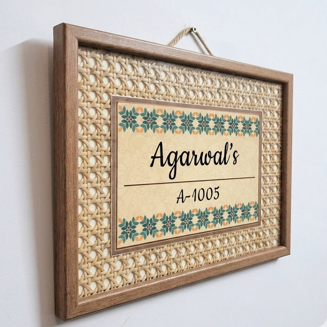 Handmade Traditional Floral Border Motif Rattan Name Plate With Wooden Frame