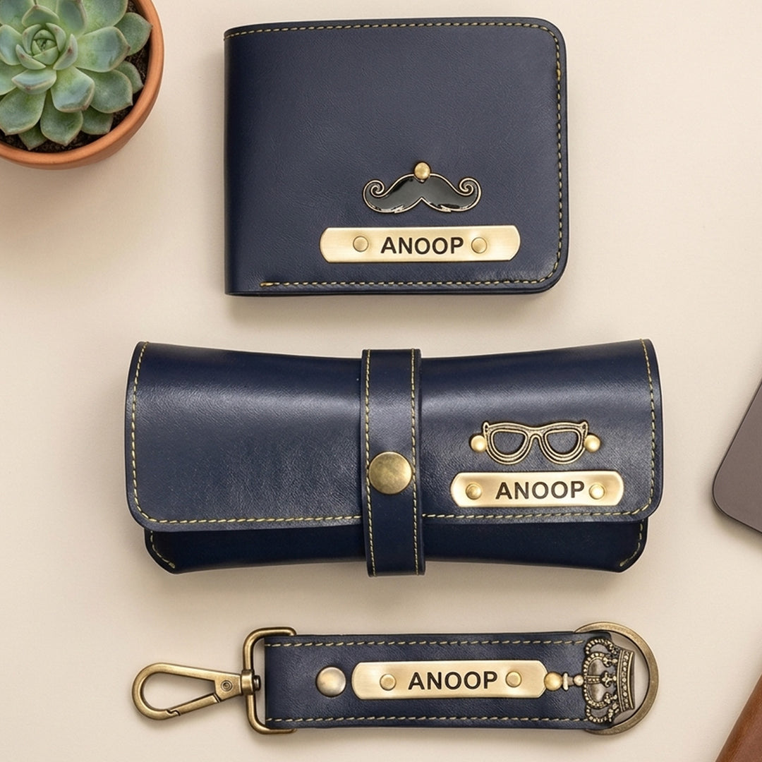 3 Pc | Personalized Faux Leather Gift Set For Men | Includes 1 Wallet, 1 Keychain, 1 Eyeware Case