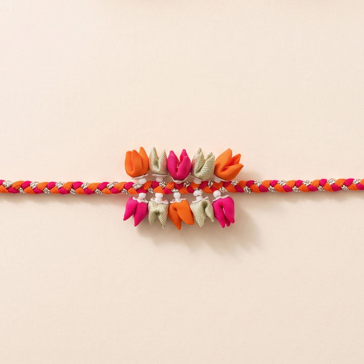 Handmade Pastel Dual-Tier Tulip Bud & Pearl Silk Fabric Rakhi For Brother With Roli Chawal