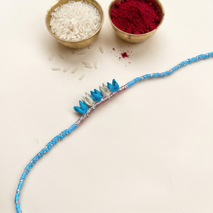 Handmade Tulip Bud & Silver Zari Silk Fabric Rakhi For Brother With Roli Chawal