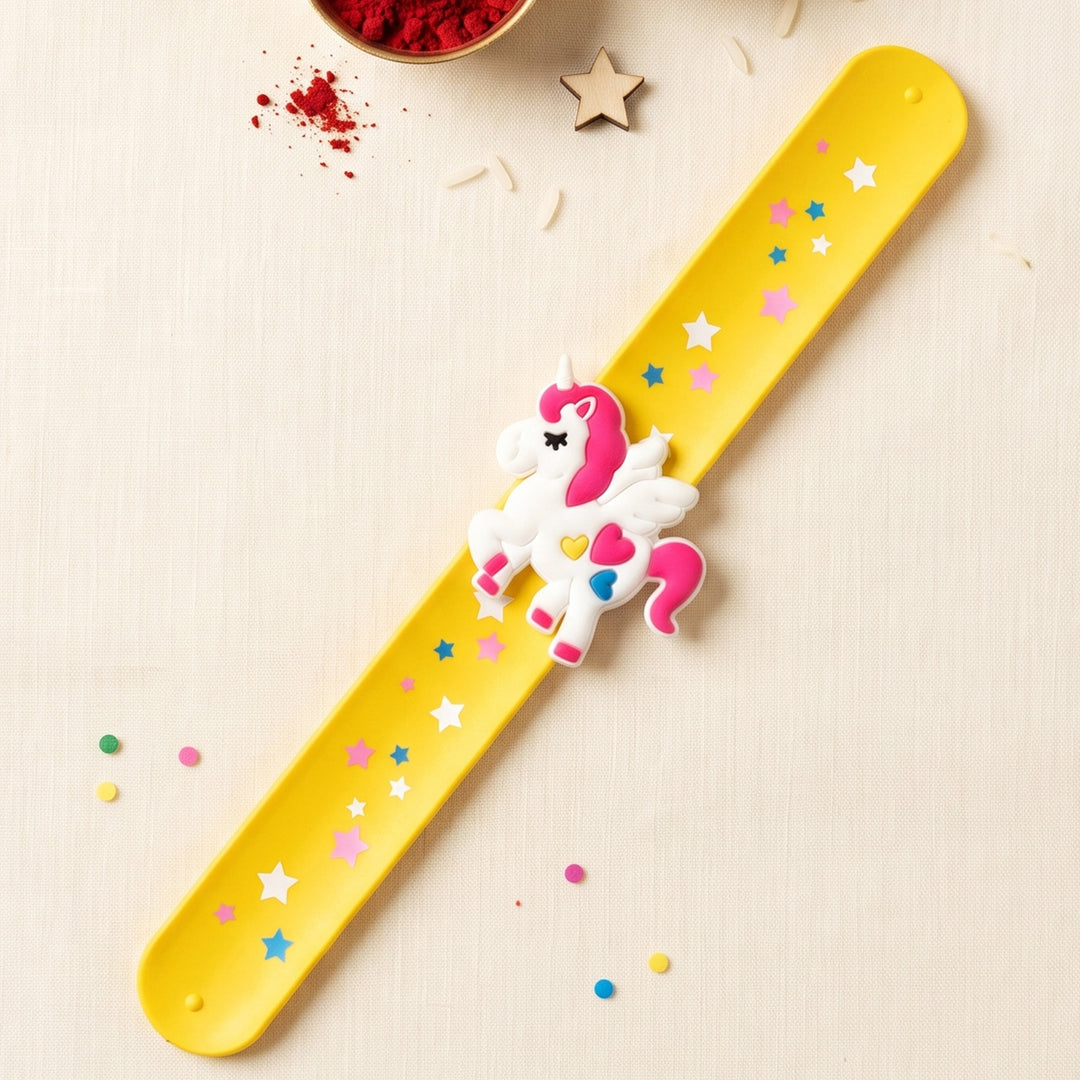Handmade Yellow Unicorn Silicone Slap Band Rakhi For Kids With Roli Chawal For Brother