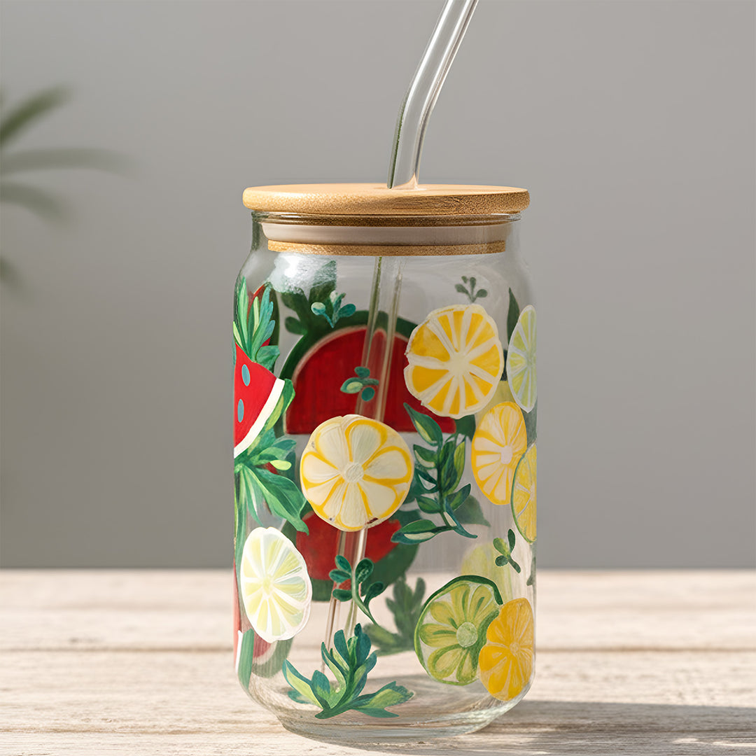 Hand-Painted Melon & Lime Glass Tumbler With Straw