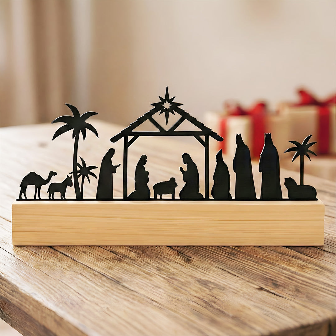 Laser Cut Nativity Scene Acrylic Silhouette With Wooden Base
