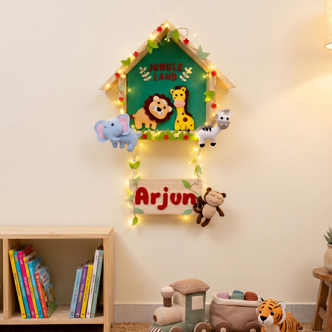 Personalized Animal Safari Wooden Felt House Nameplate With Lights