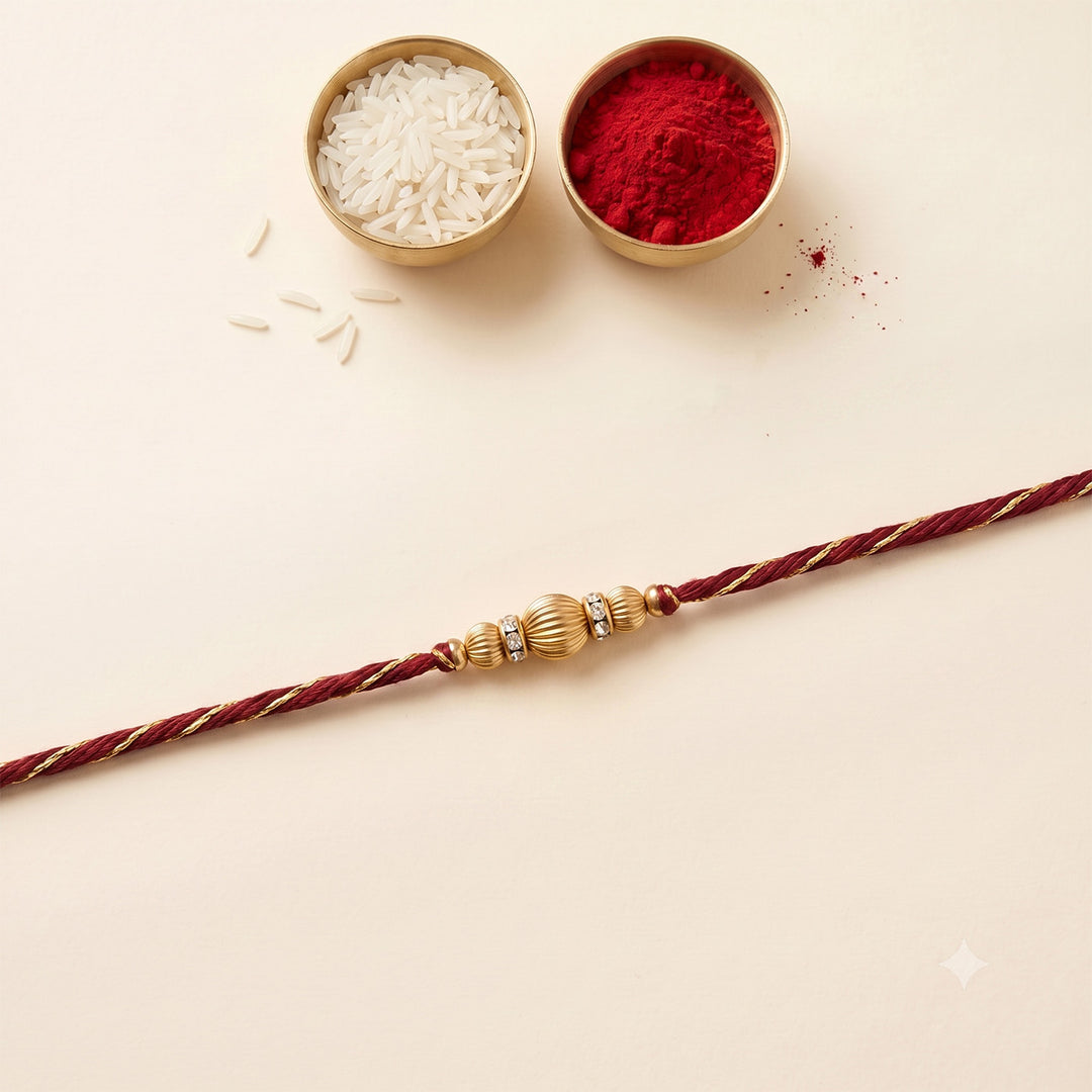 Handmade Dabka Beaded and Thread Golden Rakhi With Roli Chawal For Bhaiya