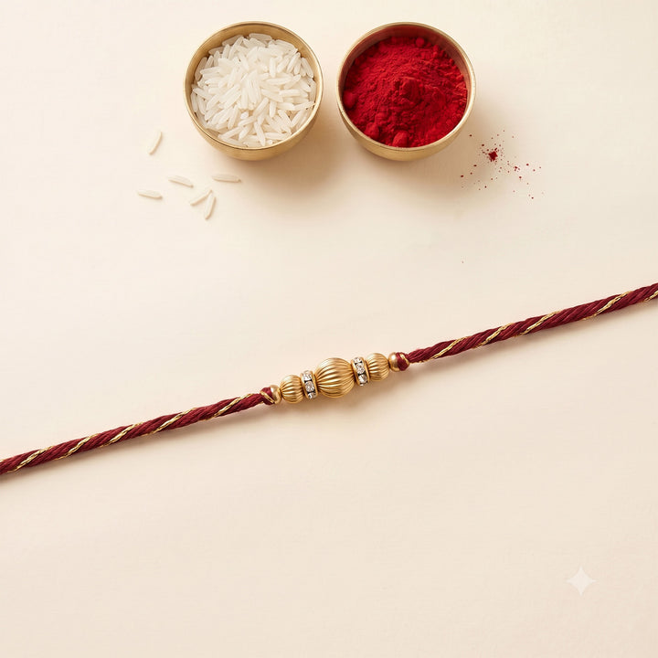 Handmade Dabka Beaded and Thread Golden Rakhi With Roli Chawal For Bhaiya