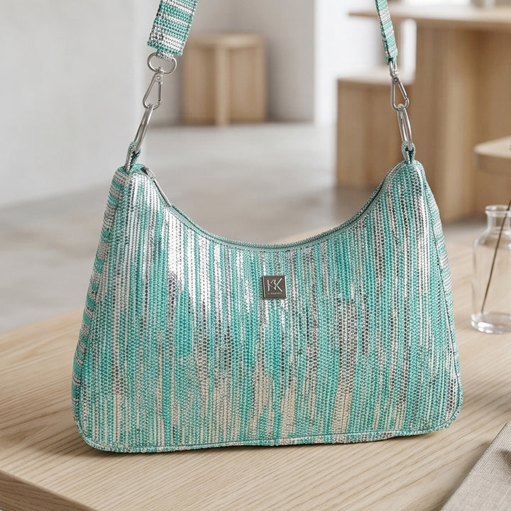 Sea Blue and Silver Striped Upcycled Plastic Handcrafted Baguette Handbag